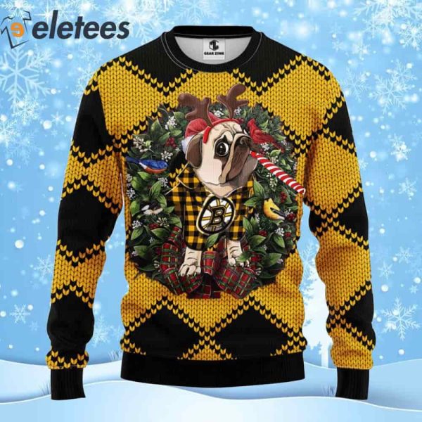 Bruins Hockey Pug Dog Ugly Christmas Sweater