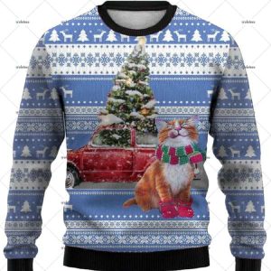 Cat Red Truck Christmas Tree Ugly Christmas Sweater