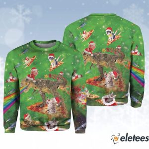 Cat and T rex Pizza Fest Ugly Christmas Sweater 1
