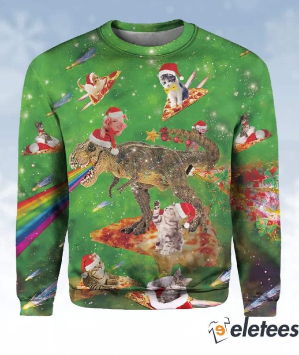 Cat and T-rex Pizza Fest Ugly Christmas Sweater