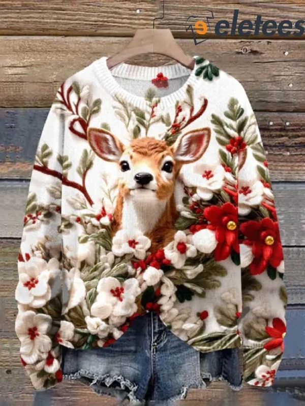 Christmas Elk Print Knit Pullover Sweater