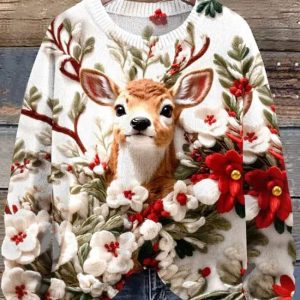 Christmas Elk Print Knit Pullover Sweater 2