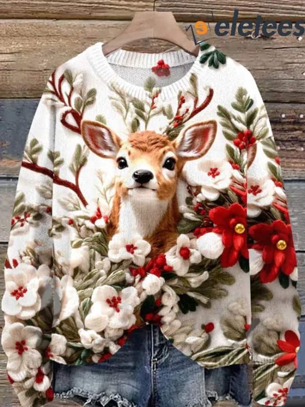 Christmas Elk Print Knit Pullover Sweater