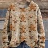 Christmas Gingerbread Cookies Cottagecore Boho Print Knit Pullover Sweater