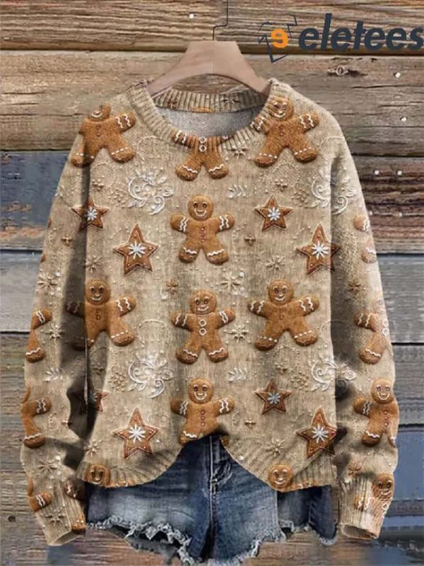 Christmas Gingerbread Cookies Cottagecore Boho Print Knit Pullover Sweater