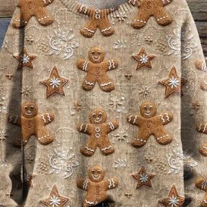 Christmas Gingerbread Cookies Cottagecore Boho Print Knit Pullover Sweater 2