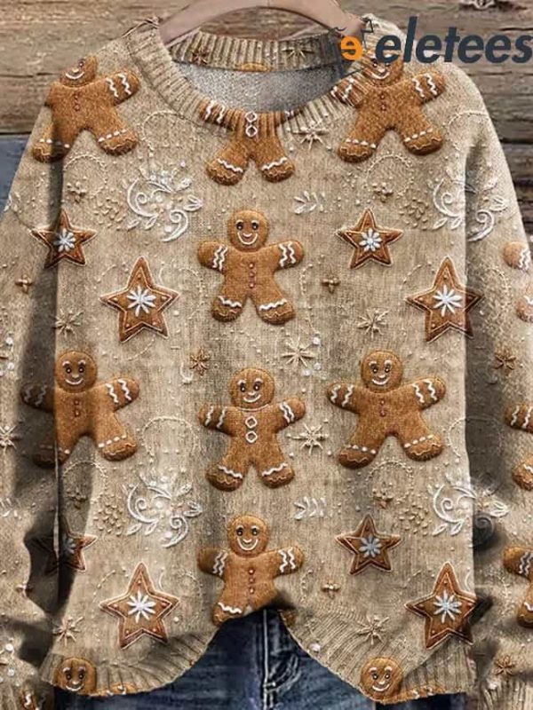 Christmas Gingerbread Cookies Cottagecore Boho Print Knit Pullover Sweater