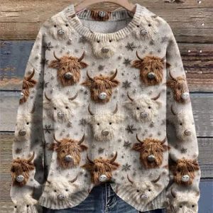 Christmas Highland Cow Highland Cattle Winter Snow Cute Cow Print Knit Pullover Sweater