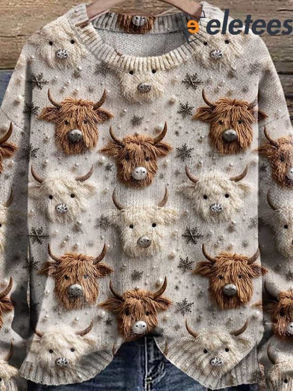 Christmas Highland Cow Highland Cattle Winter Snow Cute Cow Print Knit Pullover Sweater