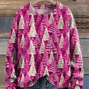 Christmas Tree Pink White Print Knit Pullover Sweater