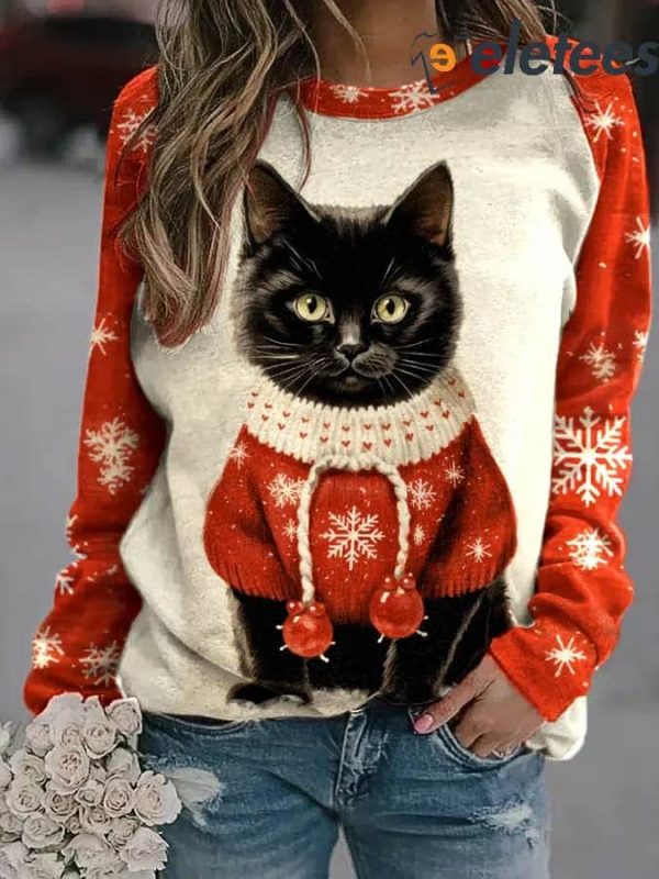 Christmas Winter Funny Cute Wonderland Clothing Clipart Cat Printed Sweatshirt