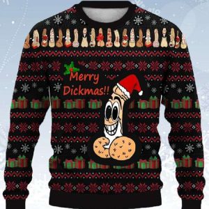 Cocks Wearing A Santa Hat Merry Dickmas Ugly Christmas Sweater