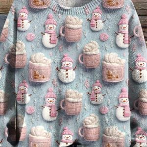 Cute Snowman Hot Cocoa Marshmallows Winter Hot Chocolate Pastel Christmas Print Knit Pullover Sweater 2