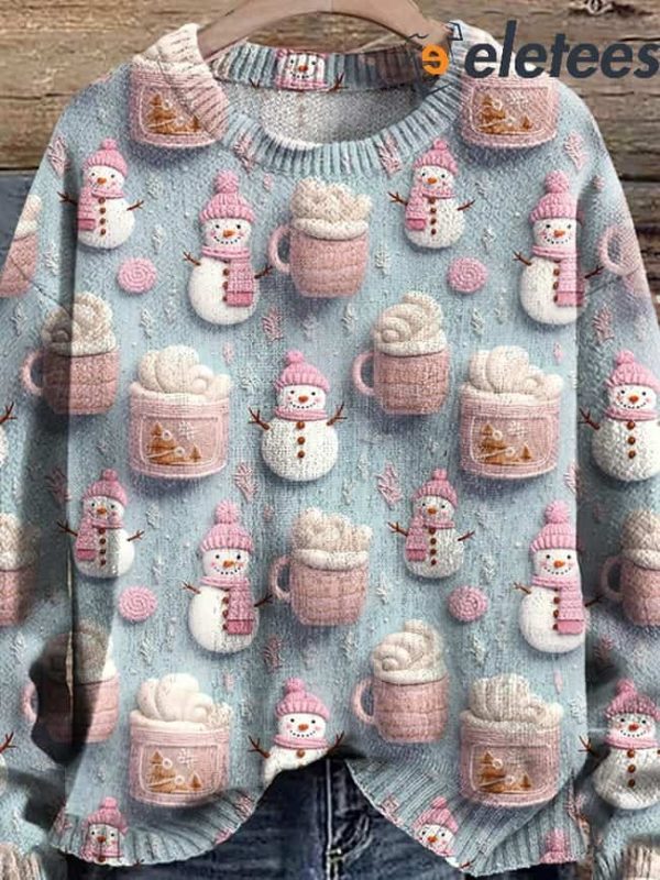 Cute Snowman Hot Cocoa Marshmallows Winter Hot Chocolate Pastel Christmas Print Knit Pullover Sweater
