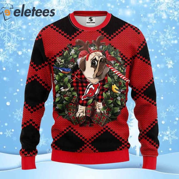 Devils Hockey Pug Dog Ugly Christmas Sweater