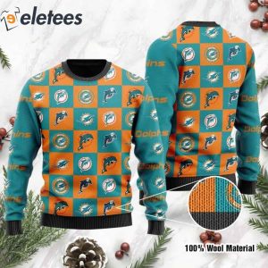 Dolphins Logo Checkered Flannel Design Knitted Ugly Christmas Sweater1