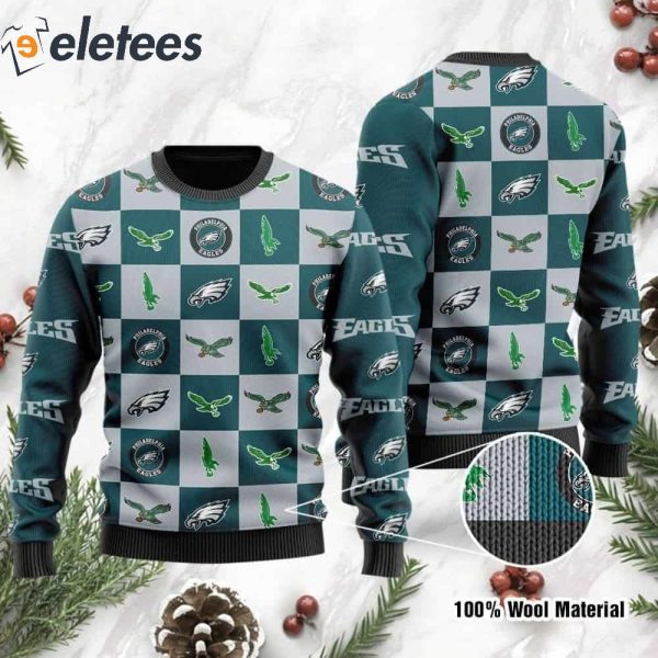 Eagles Logo Checkered Flannel Design Knitted Ugly Christmas Sweater