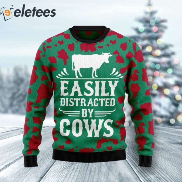 Easily Distracted By Cows Ugly Christmas Sweater