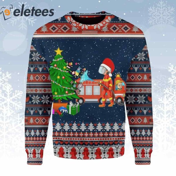Firefighter With Christmas Tree Ugly Christmas Sweater