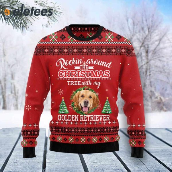 Golden Retriever Rockin’ Around The Christmas Tree Ugly Christmas Sweater