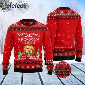 Golden Retriever Rockin Around The Christmas Tree Ugly Christmas Sweater 2