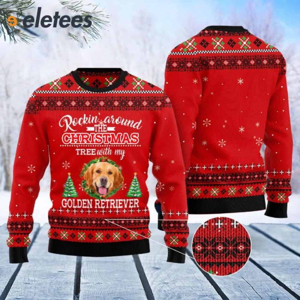 Golden Retriever Rockin’ Around The Christmas Tree Ugly Christmas Sweater