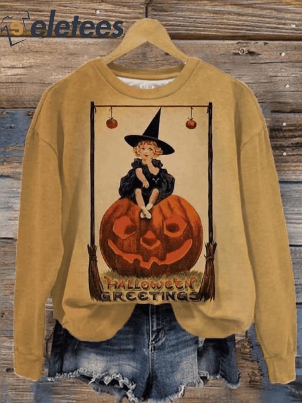 Halloween Vintage Young Witch Print Sweatshirt