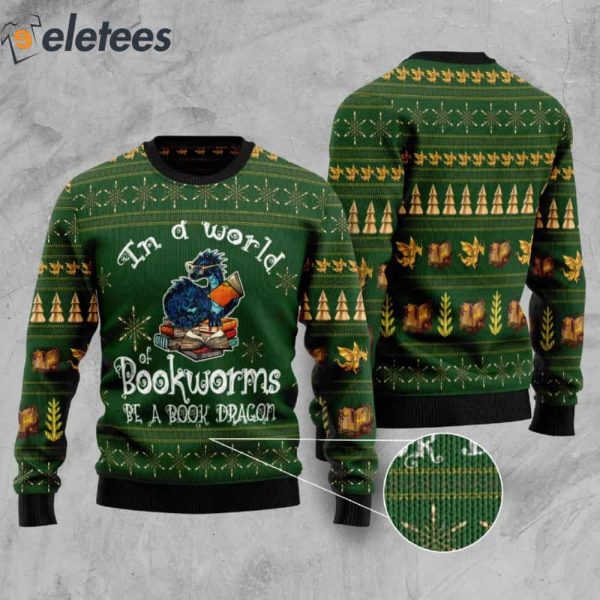 In A World Of Bookworms Be A Book Dragon Ugly Christmas Sweater