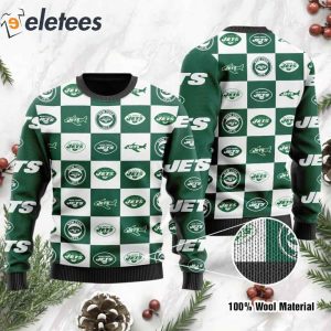 Jets Logo Checkered Flannel Design Knitted Ugly Christmas Sweater1