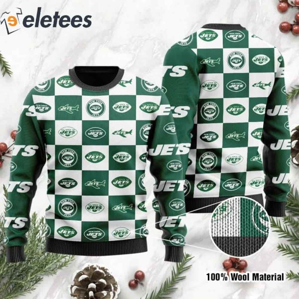 Jets Logo Checkered Flannel Design Knitted Ugly Christmas Sweater