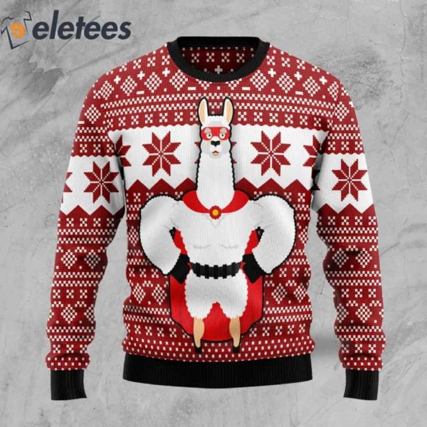 Llama Superhero Red Ugly Christmas Sweater