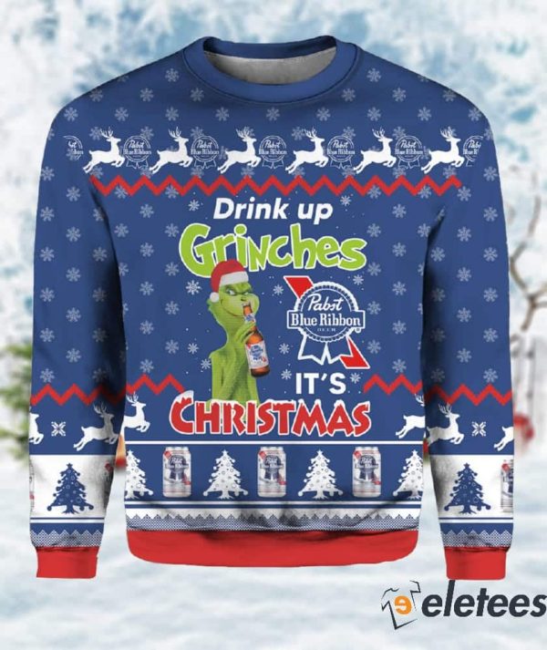 Pabst Blue Ribbon Drink Up Grinches Ugly Christmas Sweater