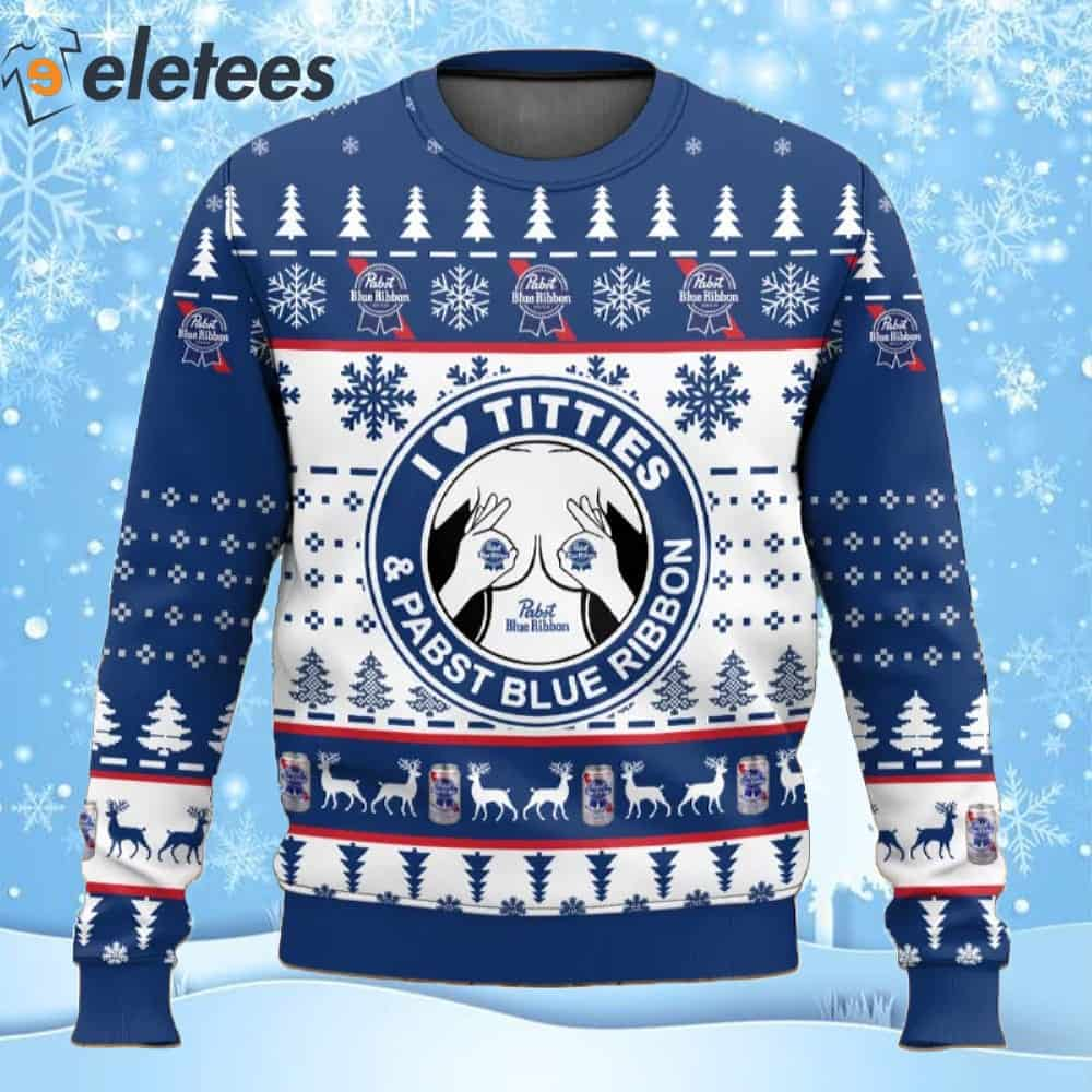 https://eletees.com/wp-content/uploads/2023/11/Pabst-Blue-Ribbon-Titties-Ugly-Christmas-Sweater-1.jpg