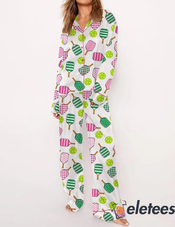 Pink And Green Pickleball Long Sleeve Pajama Set