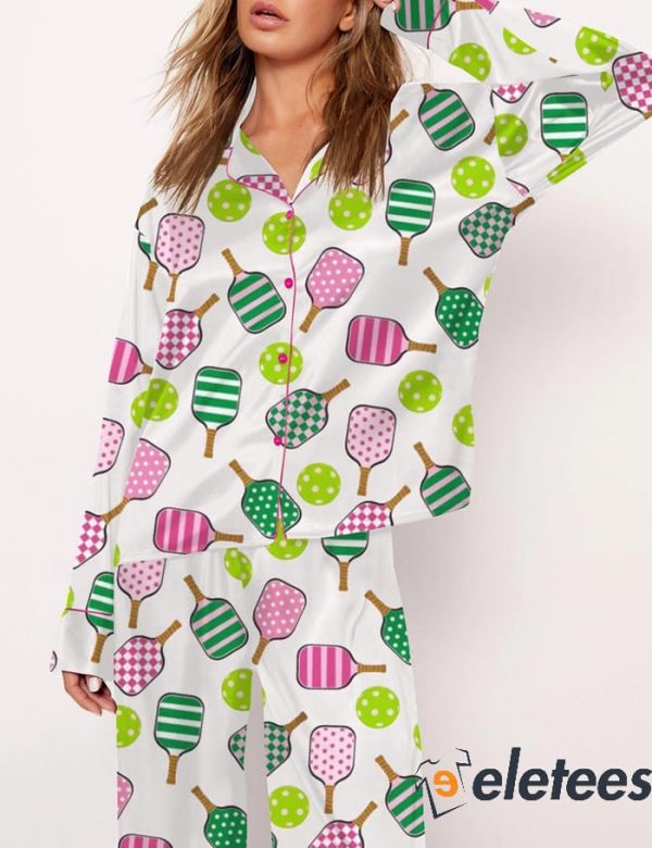 Pink And Green Pickleball Long Sleeve Pajama Set