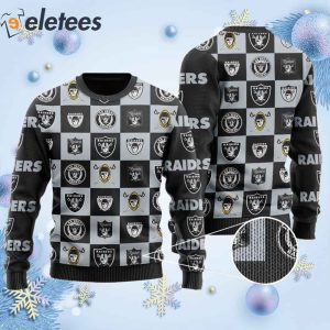 Raiders Logo Checkered Flannel Design Knitted Ugly Christmas Sweater
