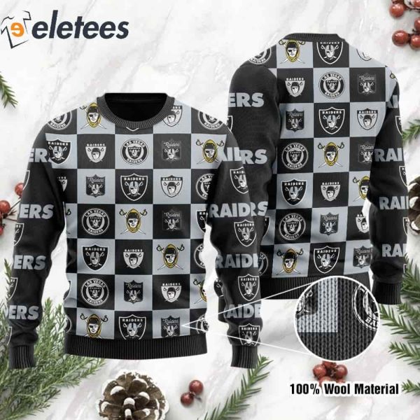 Raiders Logo Checkered Flannel Design Knitted Ugly Christmas Sweater