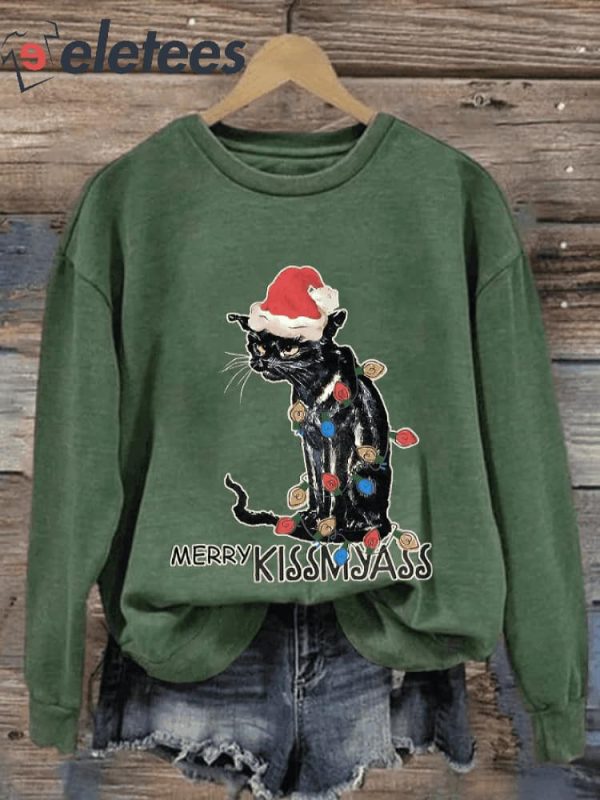 Retro Christmas Cat Merry Kissmyass Print Sweatshirt