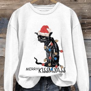 Retro Christmas Cat Merry Kissmyass Print Sweatshirt1