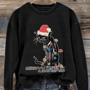 Retro Christmas Cat Merry Kissmyass Print Sweatshirt2
