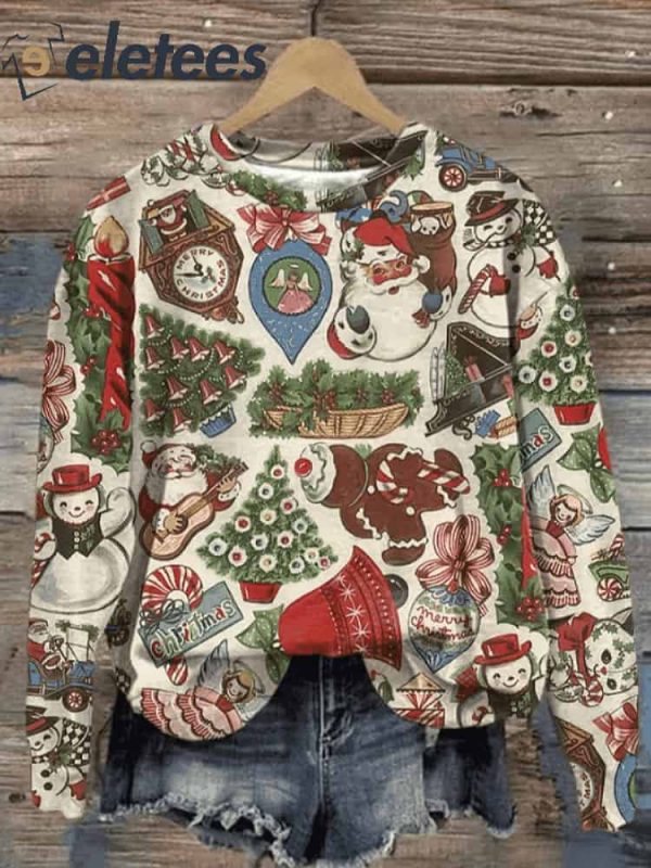Retro Christmas Tree Santa Claus Print Sweatshirt