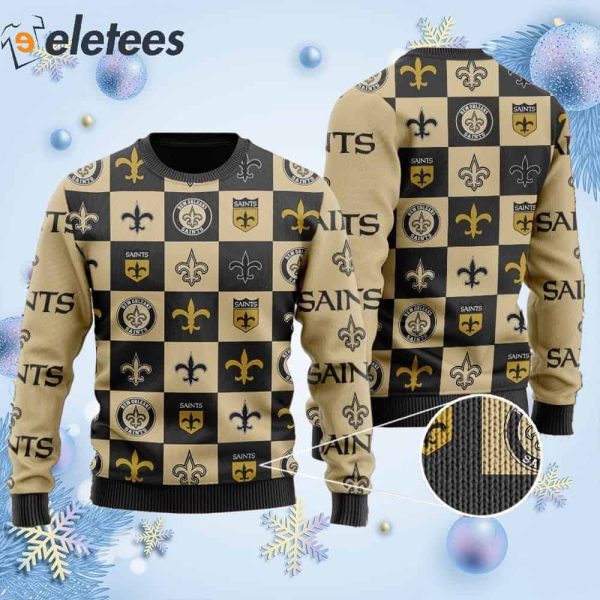 Saints Logo Checkered Flannel Design Knitted Ugly Christmas Sweater