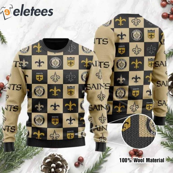 Saints Logo Checkered Flannel Design Knitted Ugly Christmas Sweater
