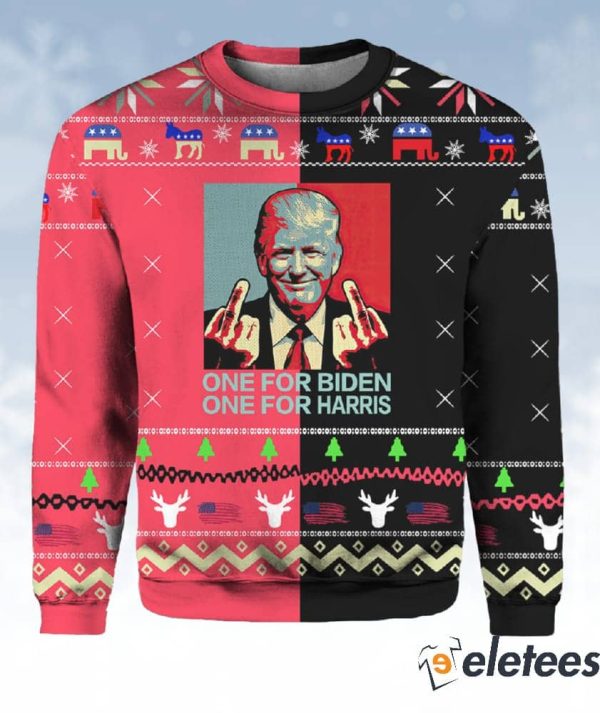 Trump Middle Finger One For Biden One For Harris Ugly Christmas Sweater