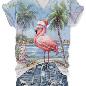 V-Neck Christmas Palm Tree Flamingo Print T-Shirt