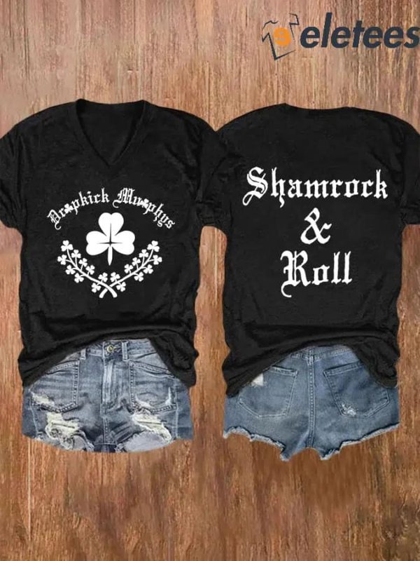 V-neck Retro Shamrock & Roll Print T-Shirt