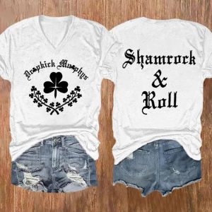 V neck Retro Shamrock Roll Print T Shirt 4