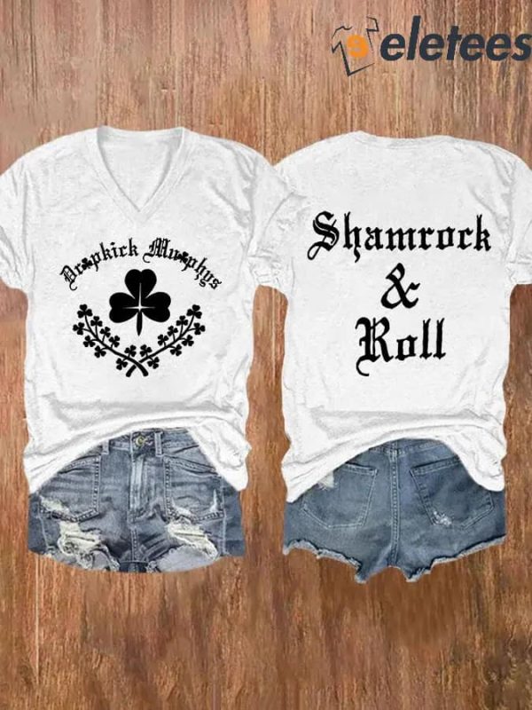 V-neck Retro Shamrock & Roll Print T-Shirt