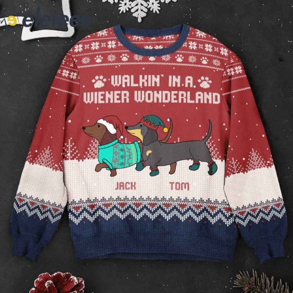 Walkin’ In A Wiener Wonderland Custom Name Ugly Christmas Sweater