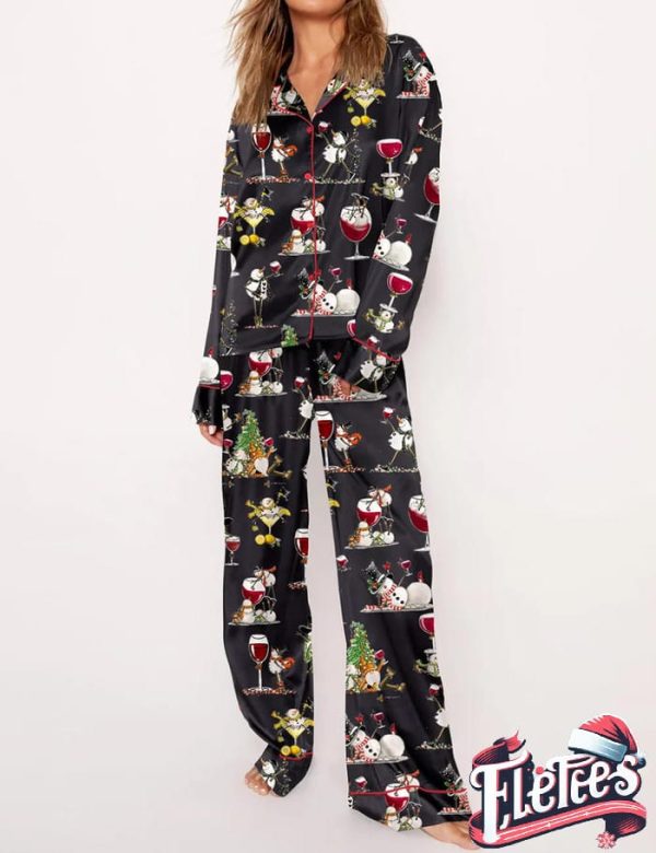 Winey Snowman Christmas Black Long Pajama Set